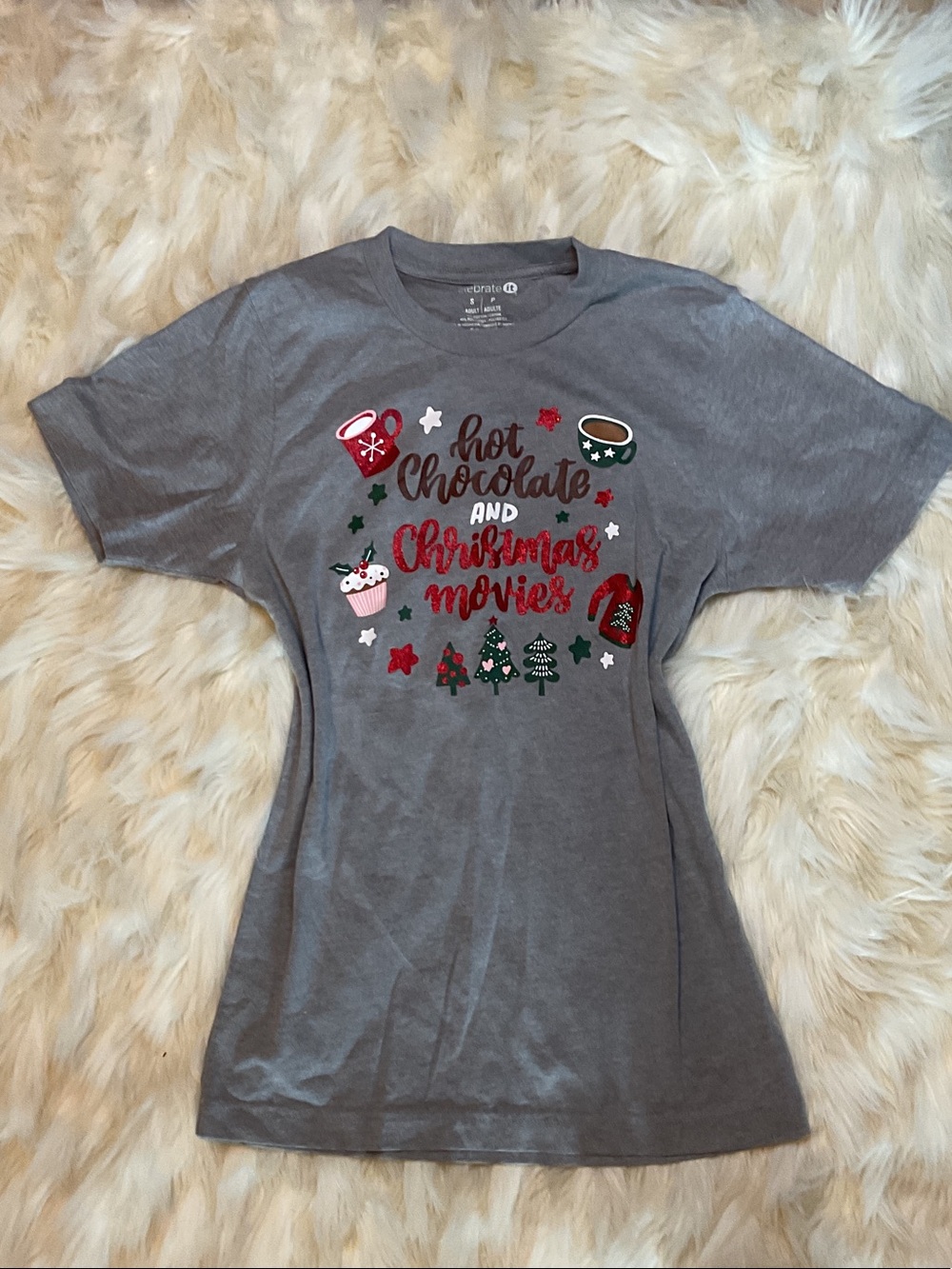 Celebrate It Gray Holiday Graphic Tee with Red and Green Accents